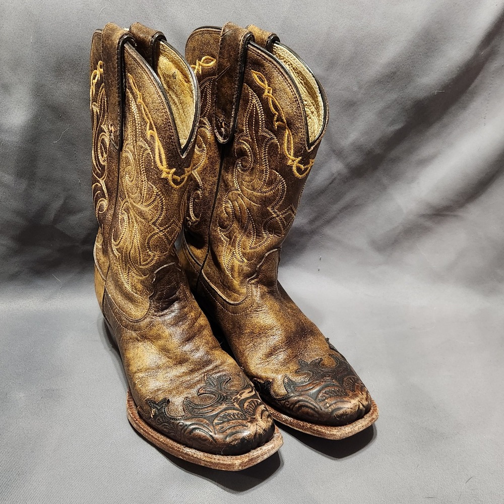 Tony Lama Womens Distressed Brown Leather Tooled Wingtip Cowboy Boots VF6004 8B